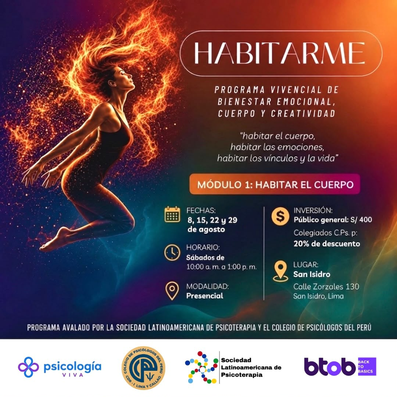 Flyer oficial de HABITARME, módulo 1 Habitar el cuerpo, con fechas, horario, inversión y lugar