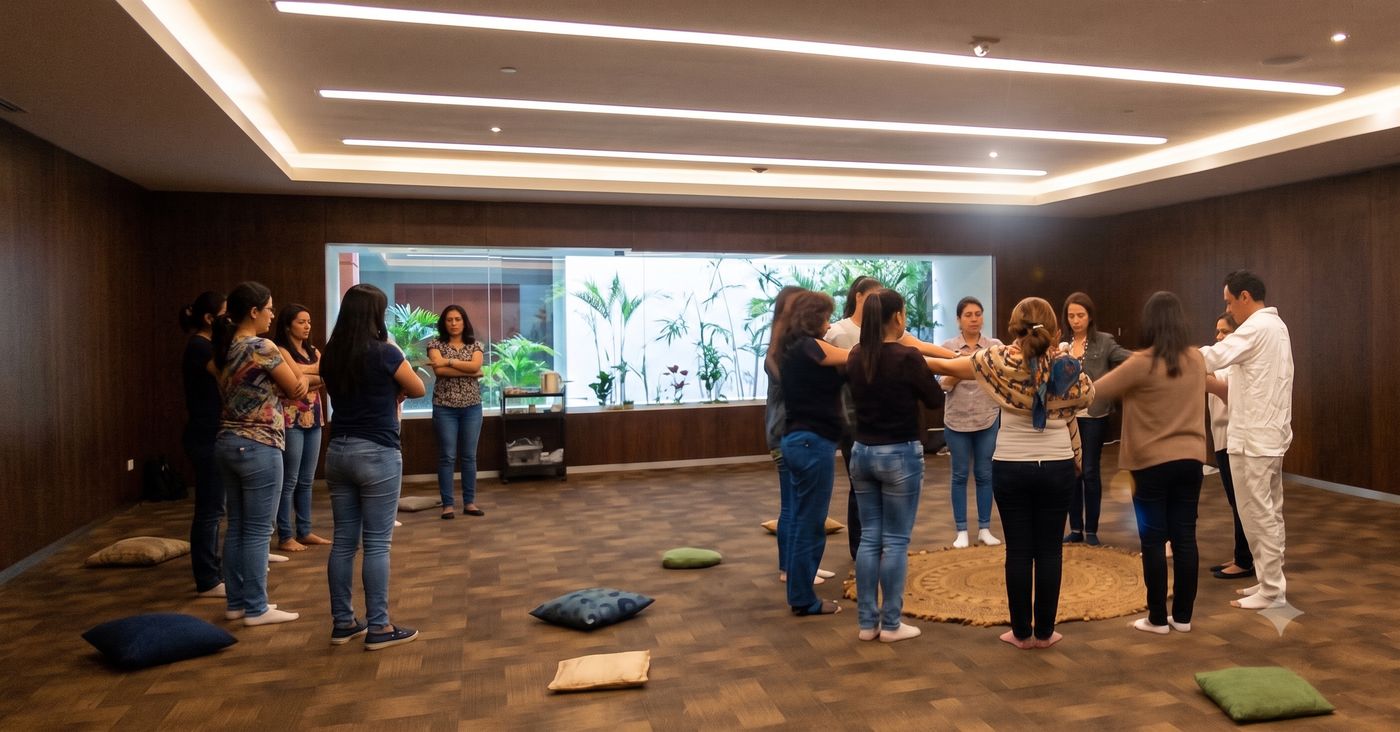 Participantes reunidos en círculo durante una experiencia grupal